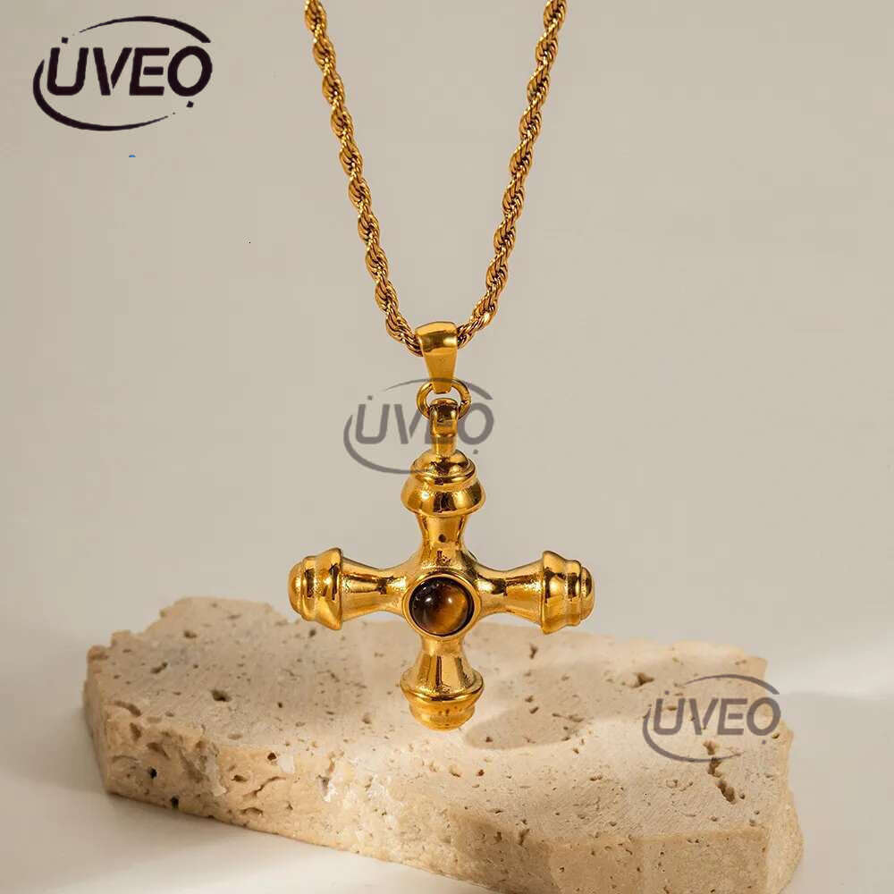 Designer Trend Gold Stainless Steel Cross Pendant Necklace for Women with Tiger Eyes That Do Not Fade Fashionable Jewelry Wholesale