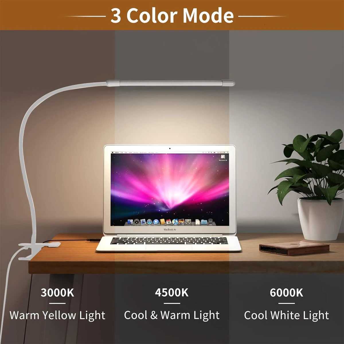 10W LED Desk Lamp with Clamp Dimmable Clip On Reading Light 10 Brightness Level 3 Lighting Modes Flexible Study Table Lamp USB M251120