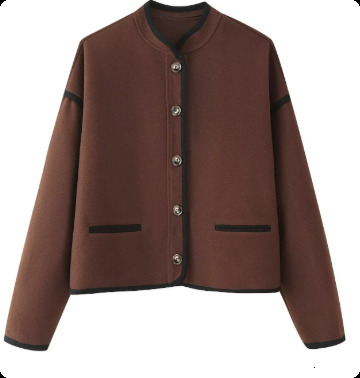 Casual Single-breasted Woolen Coat Women Autumn Winter Chic Long Sleeve Stand Collar Brown Jacket Female Fashion Streetwear 240815