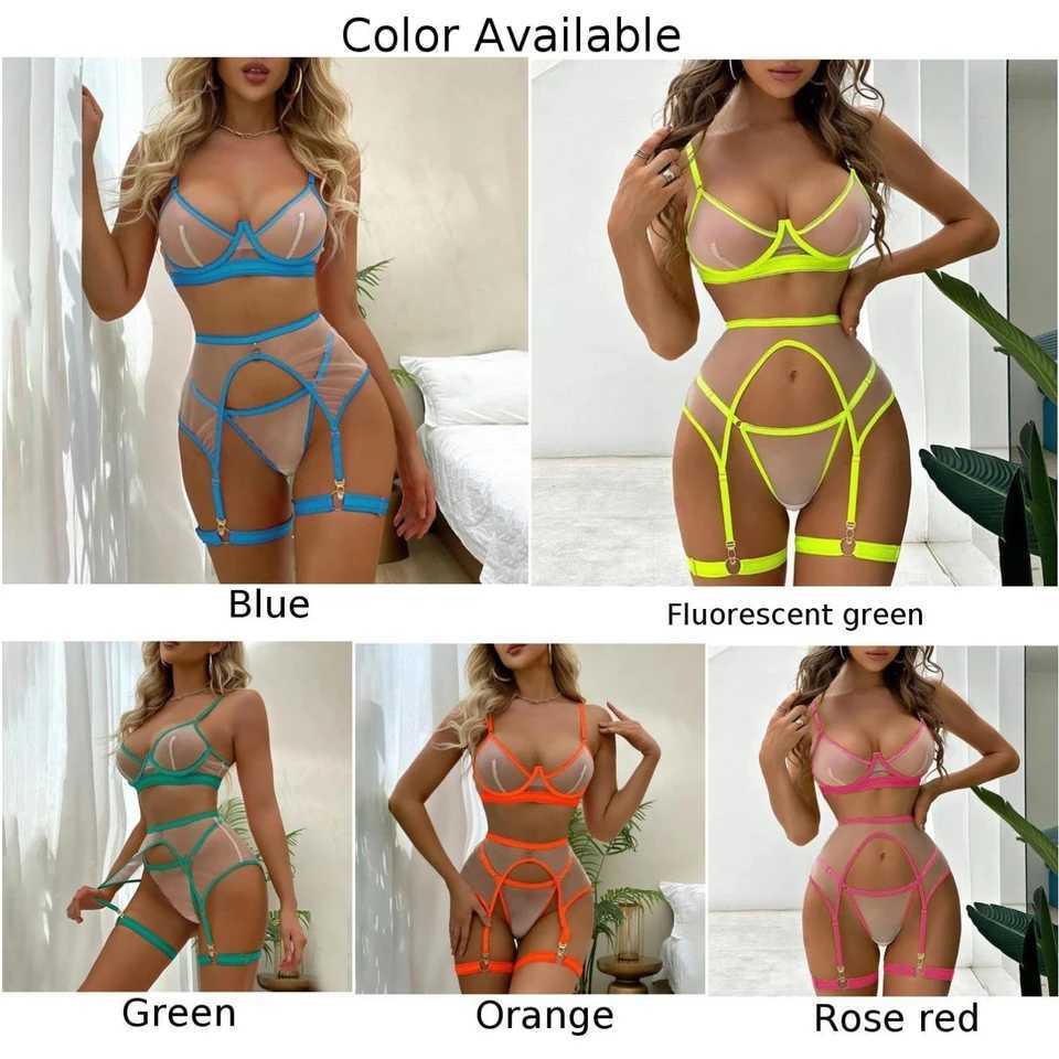 Sexy lingerie set for women 3-piece neon colored mesh lingerie set transparent hollow breathable bra T-back bikini underwear garter belt setXJ250420
