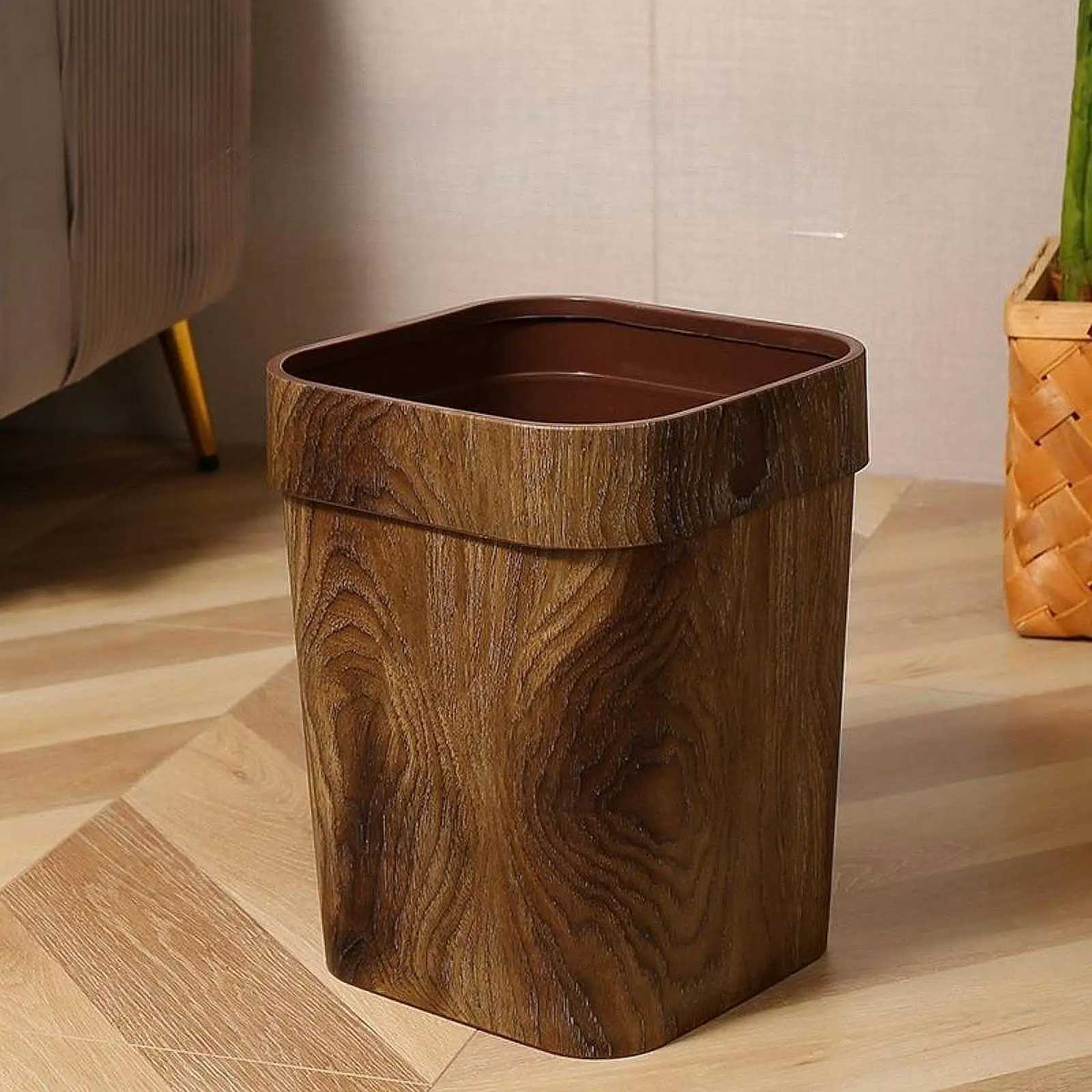 Imitation Wood Grain Trash Can Reusable Modern Rectangle Garbage Container Bin for Household Living Room Office Bathroom Kitchen C251120
