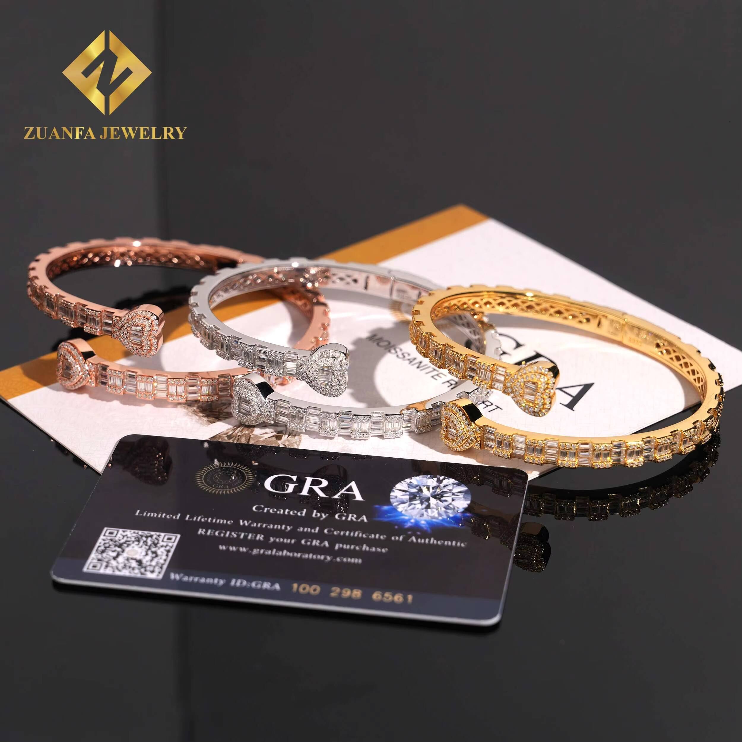 925 Sterling Silver Ajustable Openable Double With Heart Bangle Bracelets Baguette Diamond Vvs Moissanite Fashion Hip Hop Men