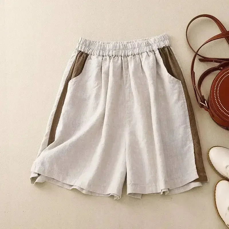 Orange linen solid casual elastic high waisted womens shorts loose wide leg womens clothing shorts 2025 summer fashion 250414Z