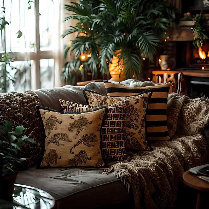 Pillow Case Chinese Style Luxury Cushion Cover 45x45cm Maillard Decorative Case Brown Leopard Ethnic Living Room Home Decor Sofa Bed C251120