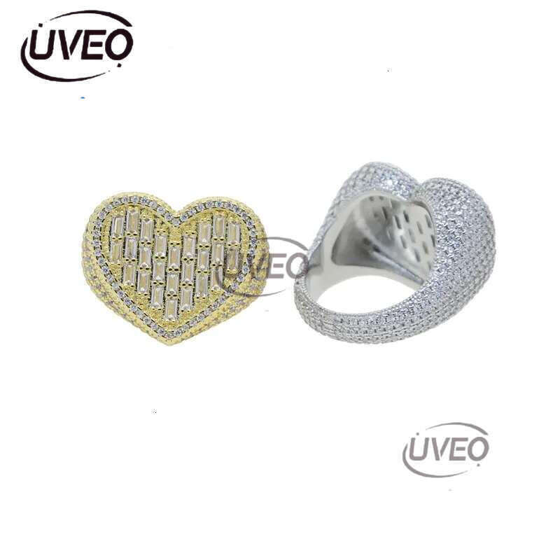 Big Heart Shaped moissanite Dia 14k gold Full Paved White Baguette CZ Iced Out Bg Square Cubic Zircon Fashion Lover Jewelry Sier Ring for Women Men