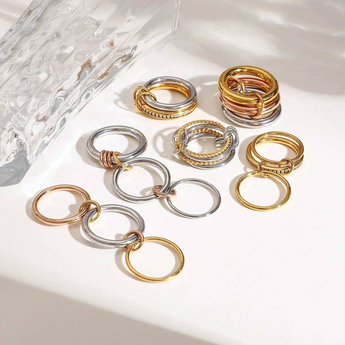 Punk Gold silver Mix Color Stackable Rings Non Tarnish 18k Gold Plated Multi -link Connected CZ Zircon Ring Set Dainty Jewelry 250417