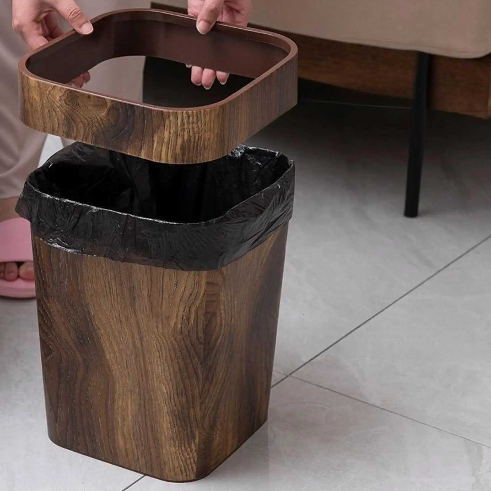 Imitation Wood Grain Trash Can Garbage Basket Anti Skid Decorative Large Waste Bin Garbage Container Bin for Dorm Bedroom C251120