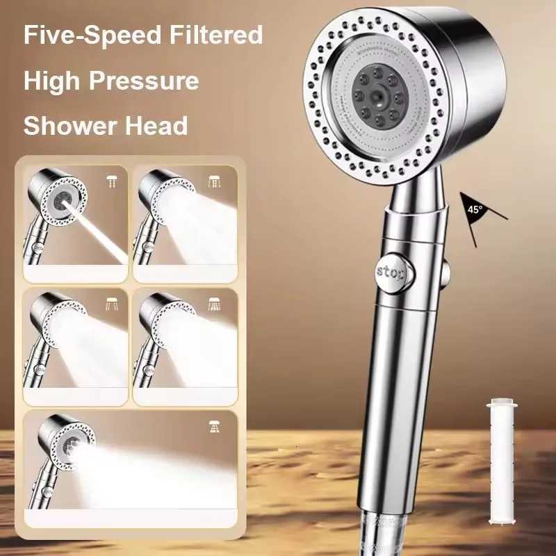 Pressurized Shower Head With Filter Stop Button Water Saving Spray 5 Modes Adjustable Handheld Shower Head Bathroom AccessoriesM251120