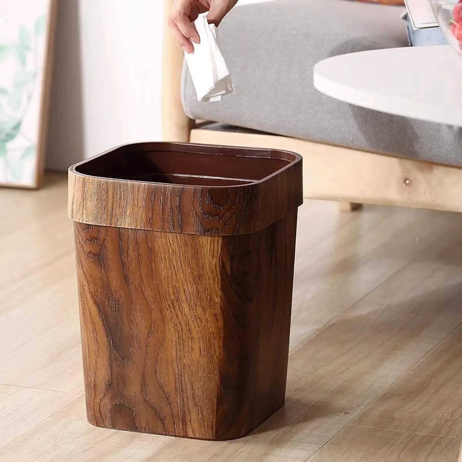 Imitation Wood Grain Trash Can Garbage Basket Anti Skid Decorative Large Waste Bin Garbage Container Bin for Dorm Bedroom C251120