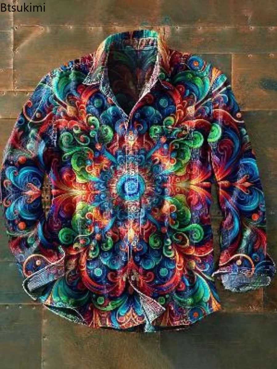 2025 New Mens Vintage Casual Shirts 3D Print Loose Casual Lapel Shirt Jackets Male Streetwear Spring Autumn Long Sleeve ShirtsM251120