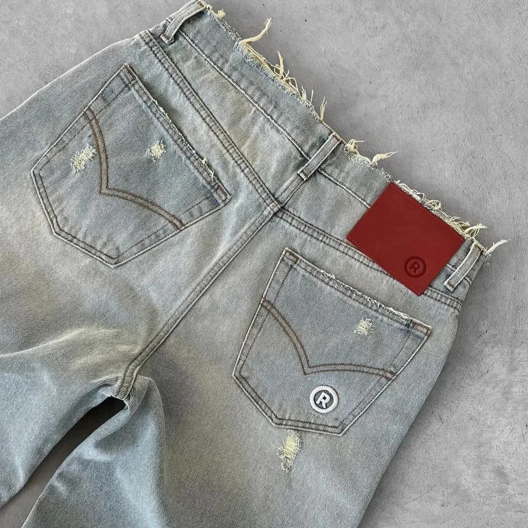Straight Jeans Distressed Men Jean Ripped Holes Washed Denim Pants Ankle Length Loose Solid Zipper Fly Pockets Casual 251218