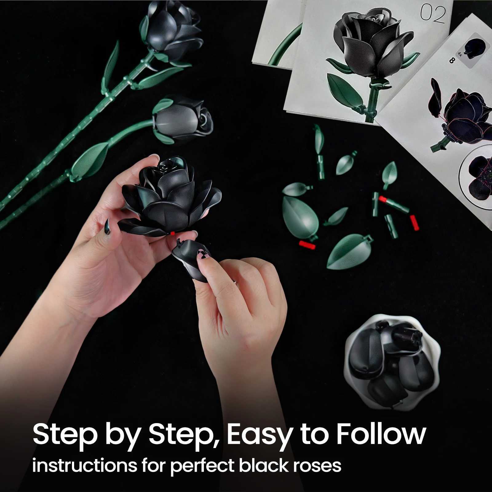 Black Rose Architecture Set Flower Decoration Plant Bouquet Plant Collection Building Blocks Toys for Adt Mothers Day Gift Y250420