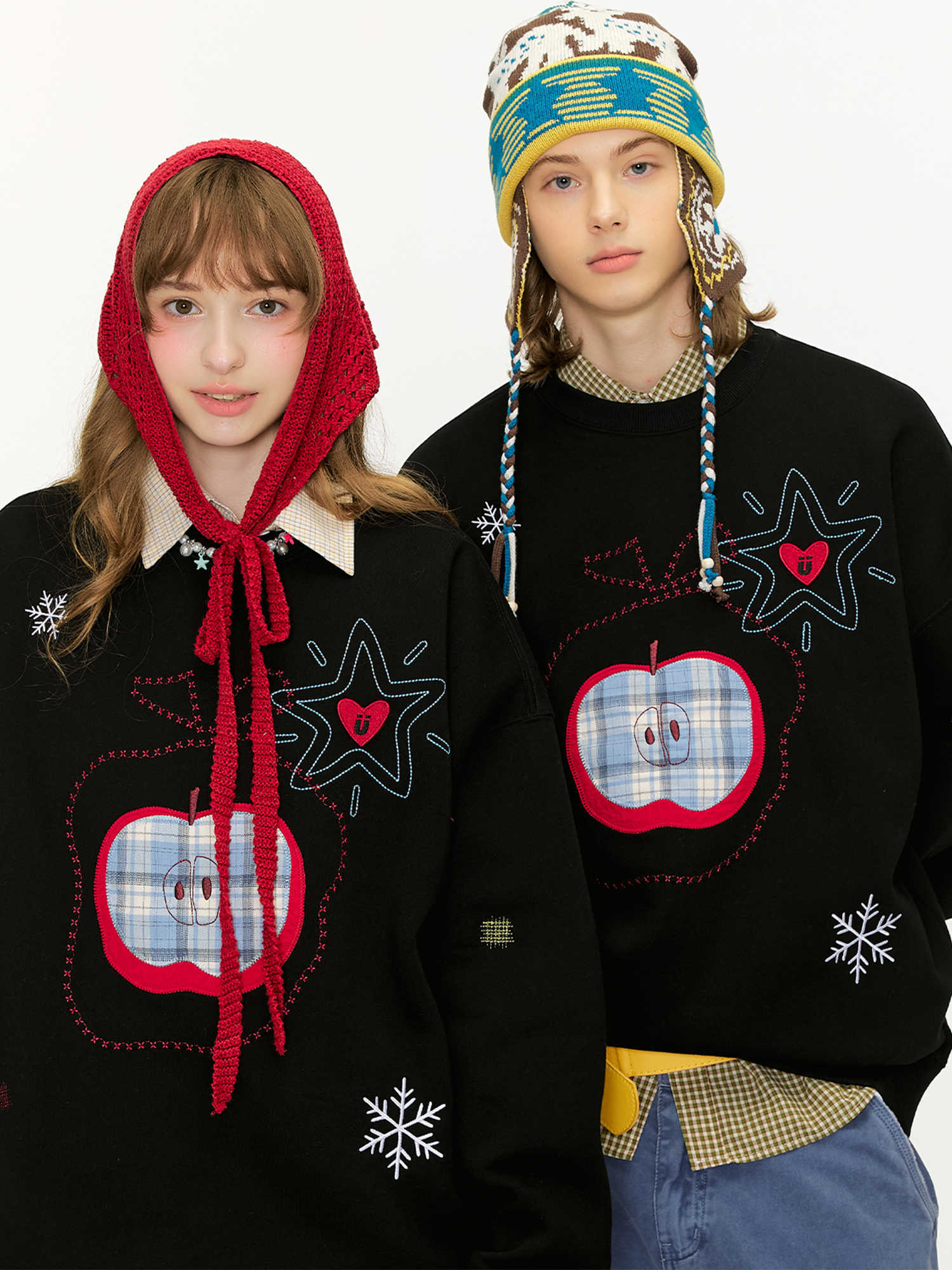 GUUKA Black Christmas Crew Neck Sweatshirt for Men Winter Fleece Couple Matching Heart Embroidery Drop Shoulder Top J251203