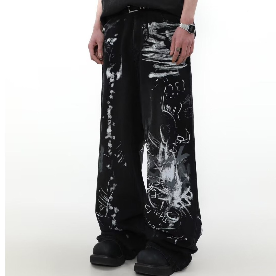Retro Gothic Fashion Embroidered Leg Wide Leg Jeans Hip Hop Street Printed Casual Jeans Beautiful Y2K Mens Wear 241008