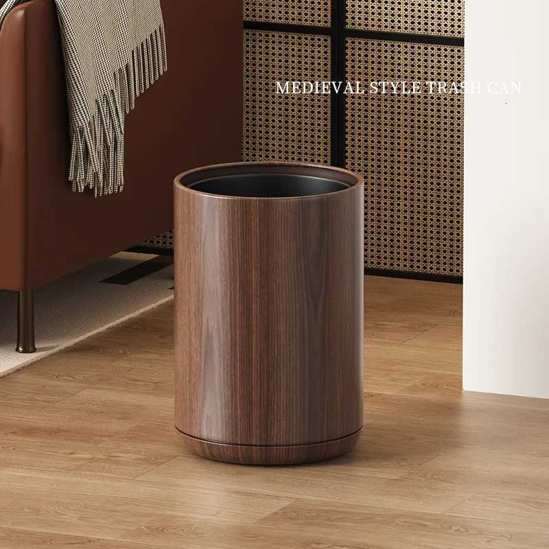 Leasylife Vintage Trash Can Walnut Wood Pattern WasteBasket Metal Body Household Garbage Can for Bathroom Living Room Home C251120