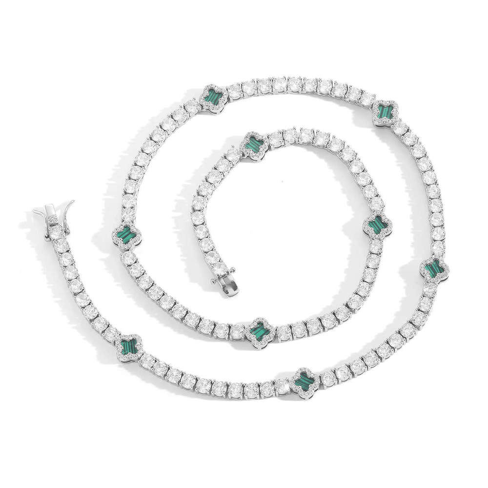 Luxury hip hop four-leaf clover set Ice out VVS Moissanite tennis necklace bracelet, men and women's collarbone chain Free delivery