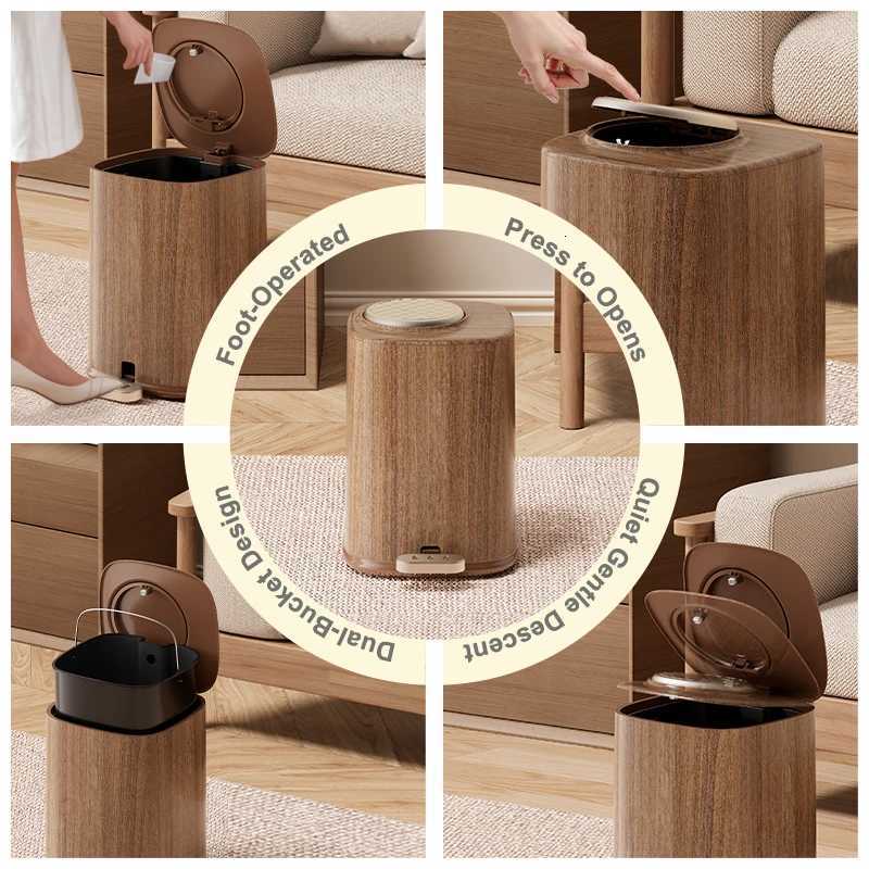 Uforu Large Capacity Living Room Wood Grain Plastic Trash Can with Lid Foot Pedal Top Press Double Opening Anti-Odor C251120