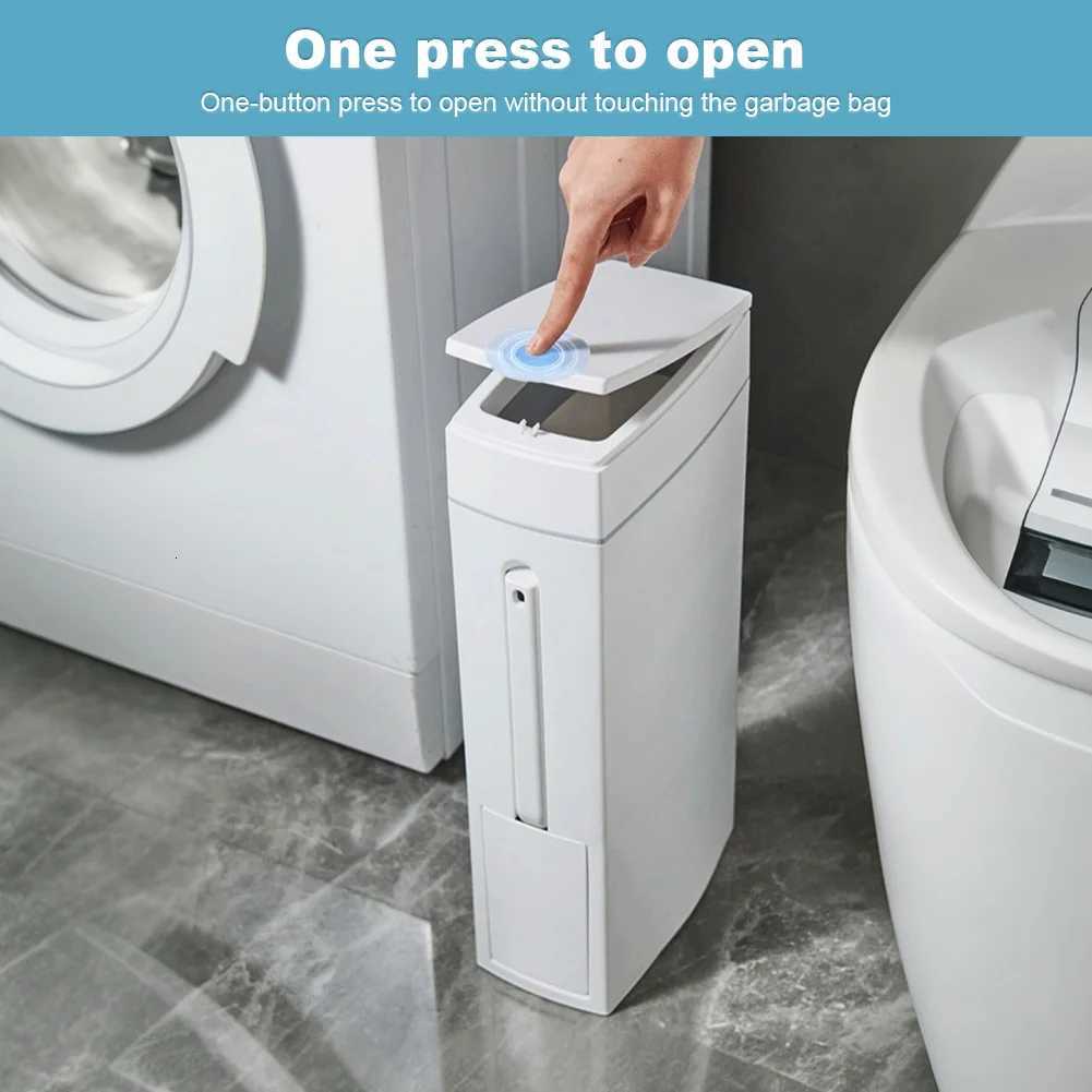 Slim Trash Can with Cleaning Brush and Lid Plastic Waste Basket Bathroom Trash Can for Bathroom Narrow Space C251120