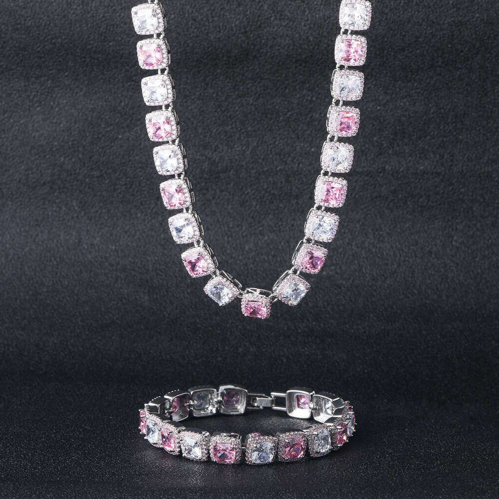 Designer Luxury 10mm square pink white rock sugar real gold plated ice VVS Moissanite collarbone chain Hip Hop necklace Free delivery