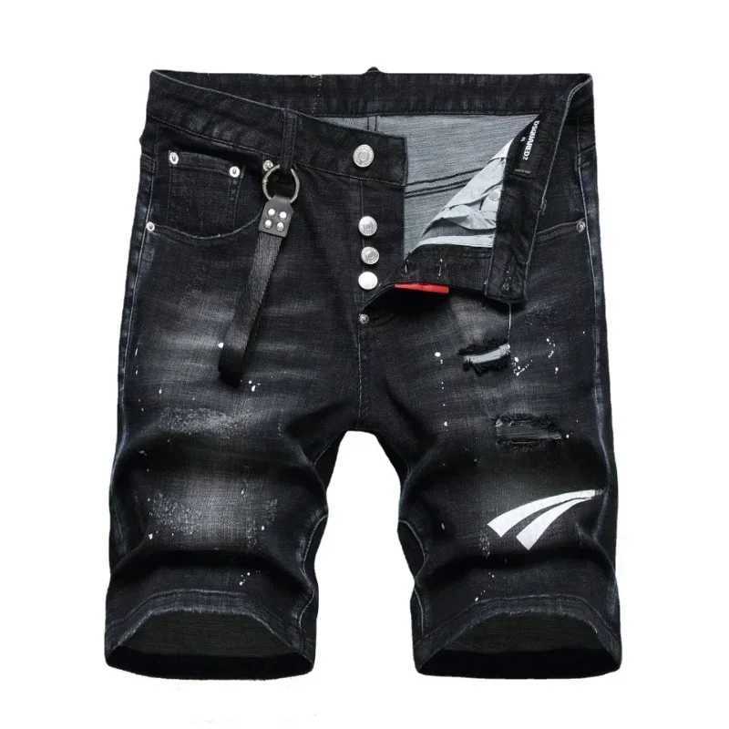 New summer Italian street style mens black denim shorts with high-quality elasticity suitable for tearing denim shorts size 42XJ250419