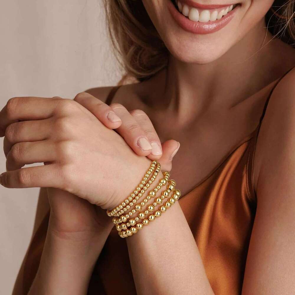 Women, 14K Plated Beaded Bracelets Gold Strand Bead Ball stack Adjustable Bracelet Set Jewelry for Gifts