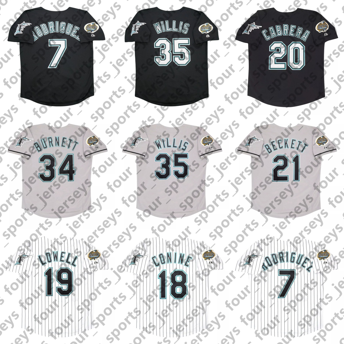 Retro 2003 Marlins Baseball Jersey 7 Ivan Rodriguez 18 Jeff Conine 19 Mike Lowell 20 Miguel Cabrera 21 Josh Beckett 34 A.J. Burnett 35 Dontrelle Willis