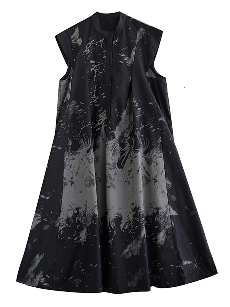 Summer Black Retro Printed Sleeveless Womens Stand Collar Loose Casual Long Skirt Fashionable and Elegant Clothing 250420