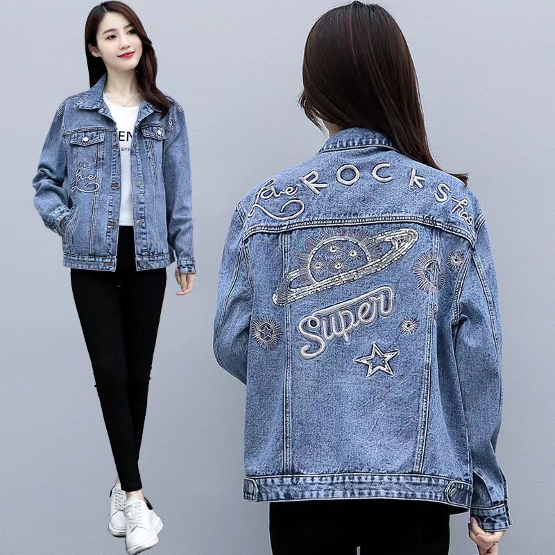 New denim jacket womens spring Hong Kong style loose and versatile embroidered letter long sleeved mid length jacket 201106