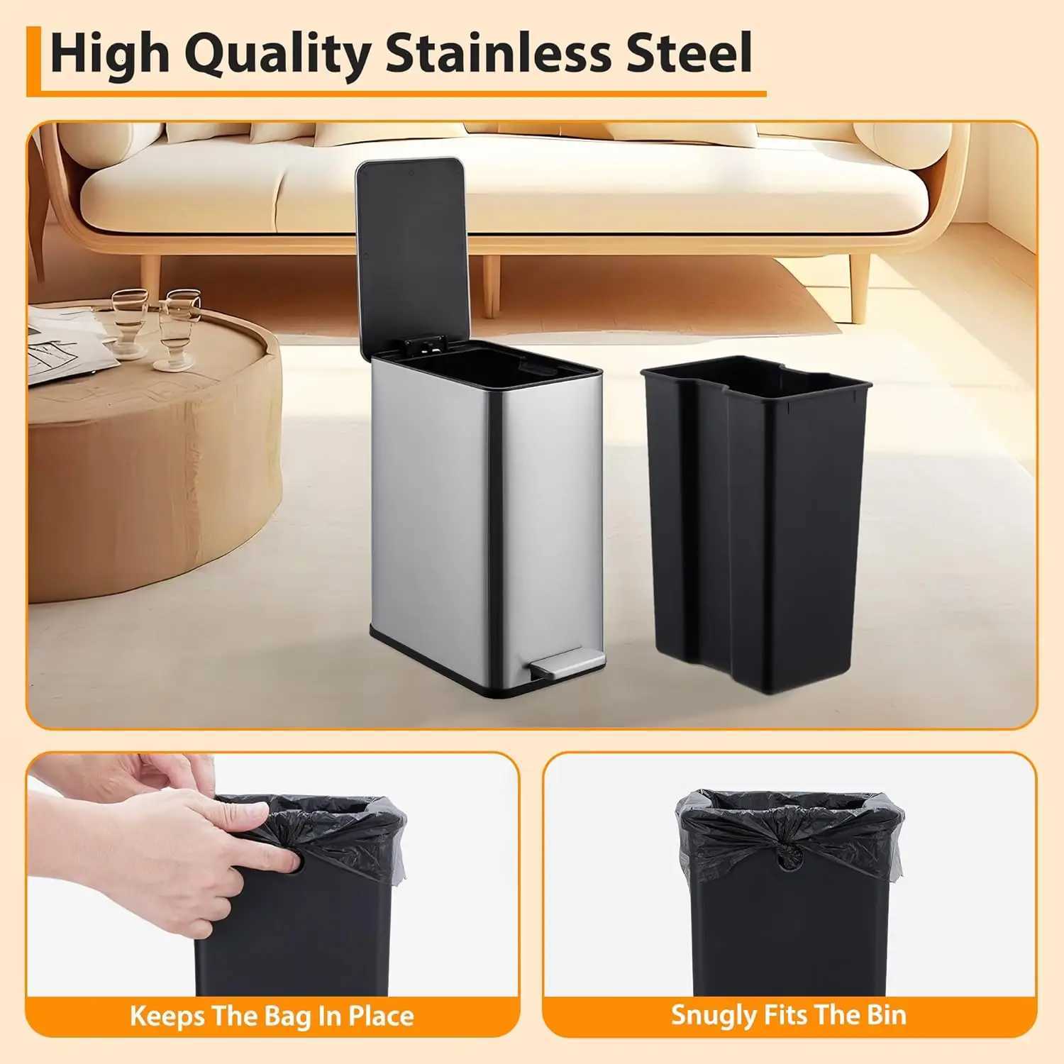 26 Gallon 10 L Trash Can Stainless Steel Kitchen Garbage Can Recycling or Waste Bin Soft Close Step-On Pedal Silver C251120