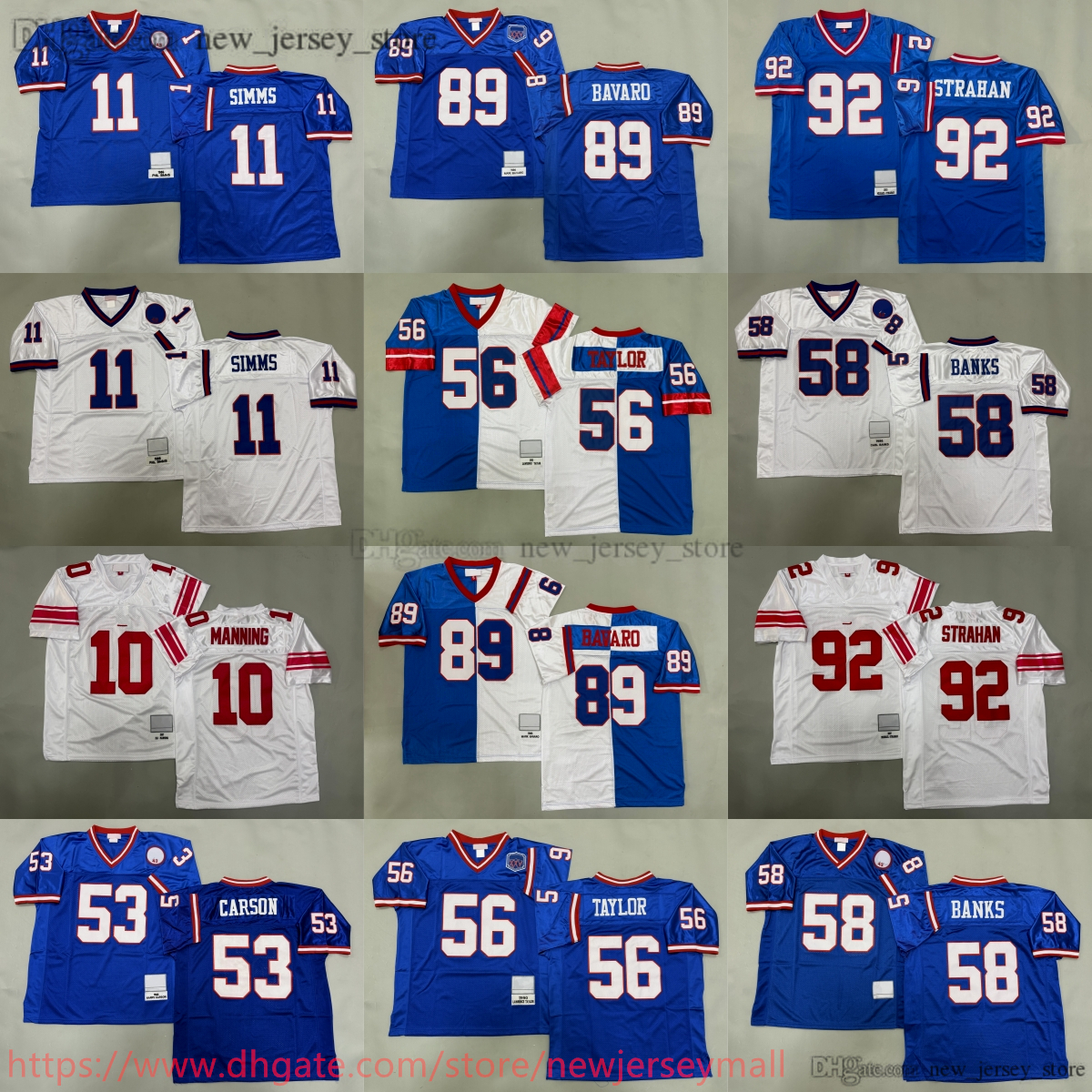 1986 Throwback Football 56 Lawrence Taylor Jersey Classic Retro Mark Bavaro 11 Phil Simms 53 Harry Carson 58 Carl Banks 10 Eli Manning 92 Strahan Breathable Sport