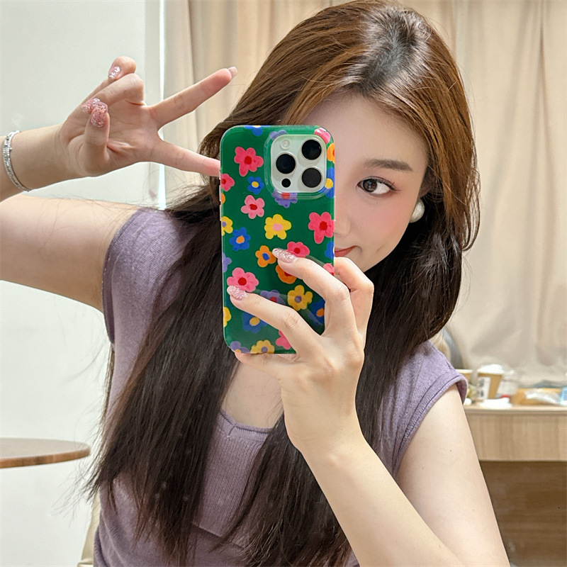 Summer Green Background Colorful Flowers Compatible with iPhone 16 iPhone 15 Pro Max/14/13 Phone Case New Style Personality