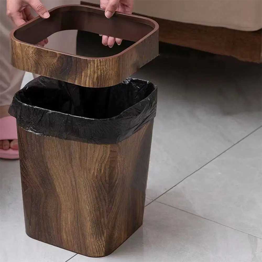 Square Wood Grain Trash Can Household Plastic Uncovered Office Bathroom Trash Can C251120
