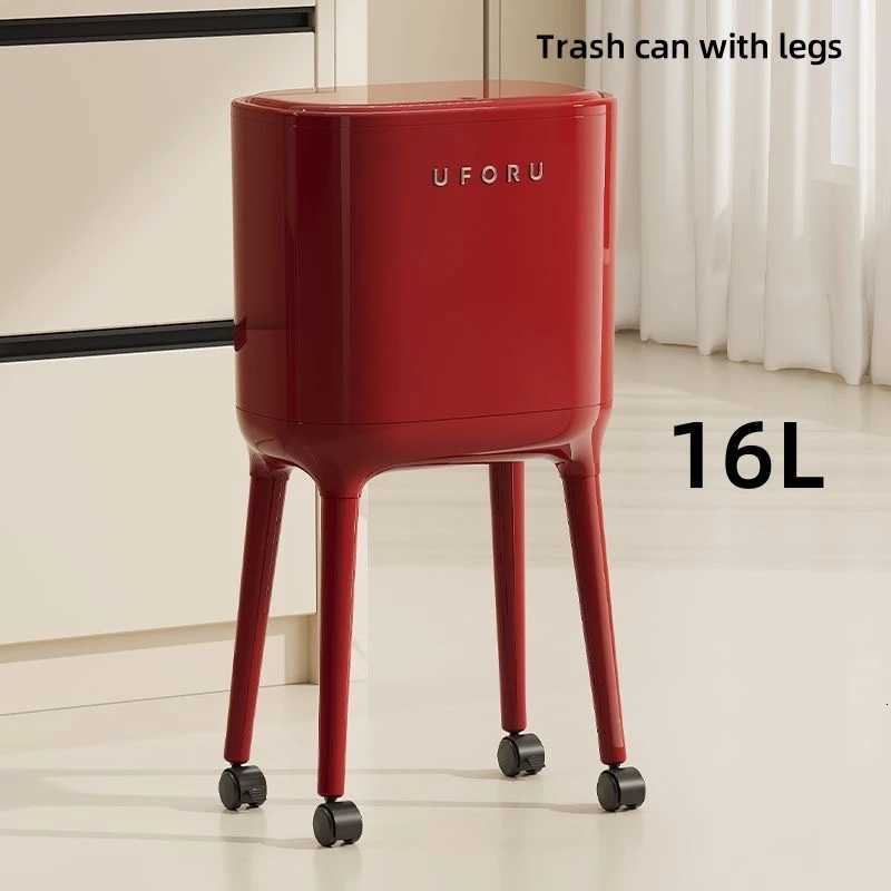 Bend-free High-leg Trash Can With Press-to-open Lid - Large-capacity Oval Kitchen Living Room Garbage Bin Featuring A Red Mod C251120