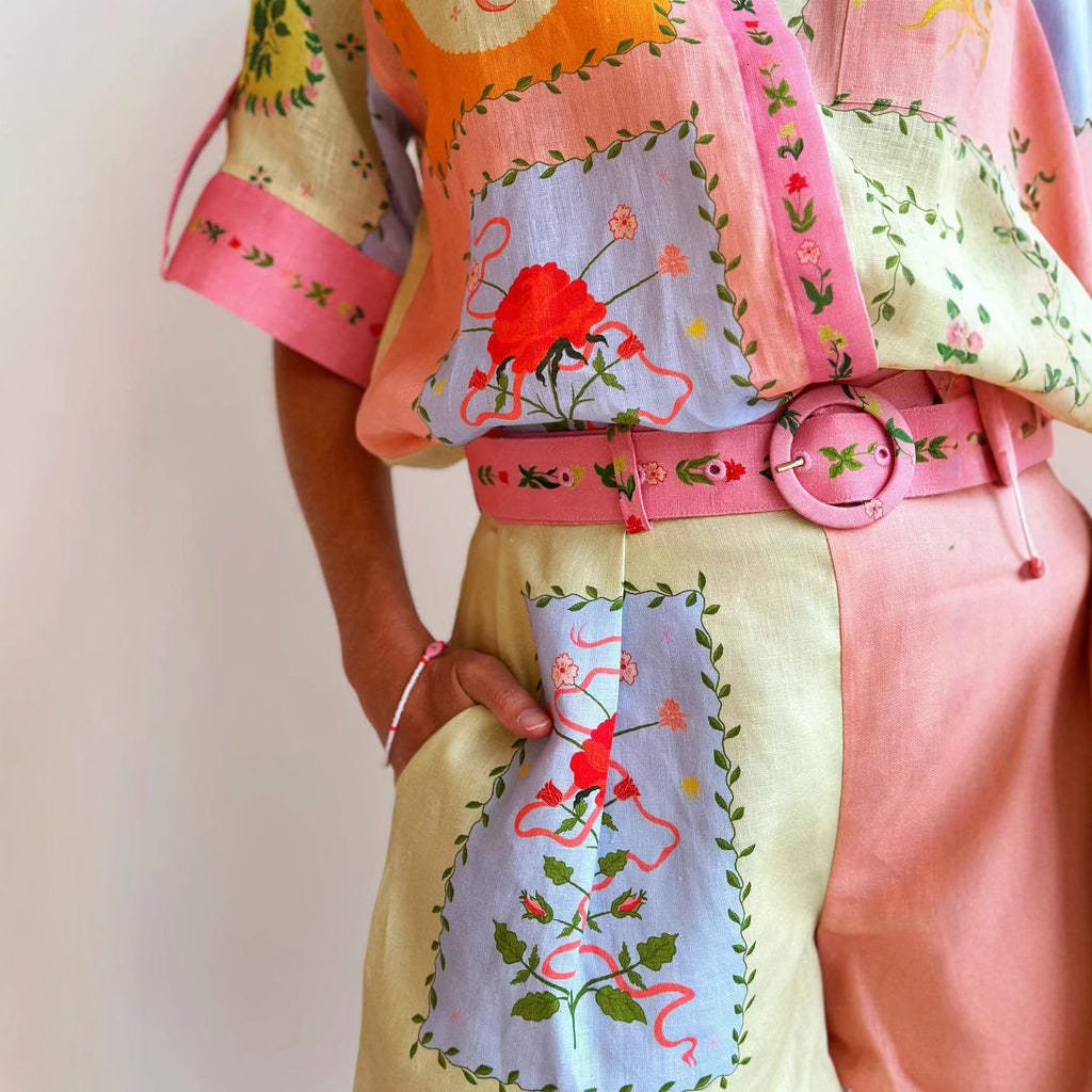 2025 New Two pieces Shorts Set Leisure Fashion Linen Temperament Shirt Girl Printed shirt Top Fashion Clothes