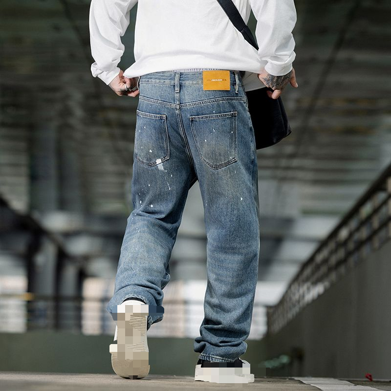 American high street paint splash-ink loose straight jeans for a cool and versatile guy---C011