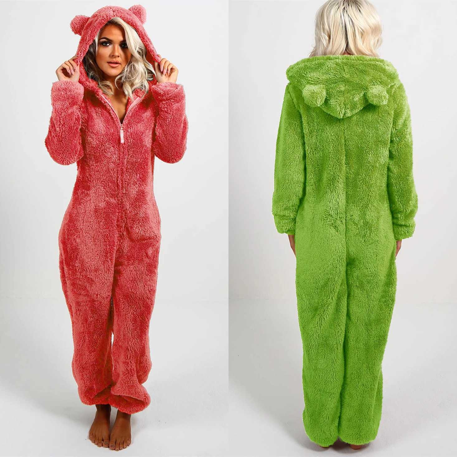 Winter Warm Sleepwear Home Clothes Cute Cat Ear Onesies Pyjamas Fluffy Fleece Hooded Jumpsuit Playsuit Pajama For Women Overalls Y250906
