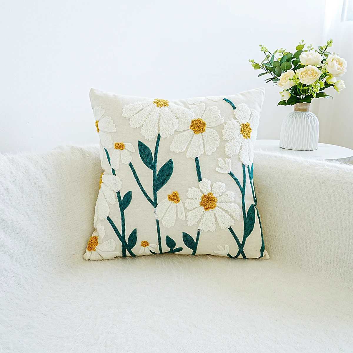 Pillow Case 1pc Daisy Floral Embroidered Throw Cover Cushion Case For Sofa Living Room Home Decor Without Insert C251120