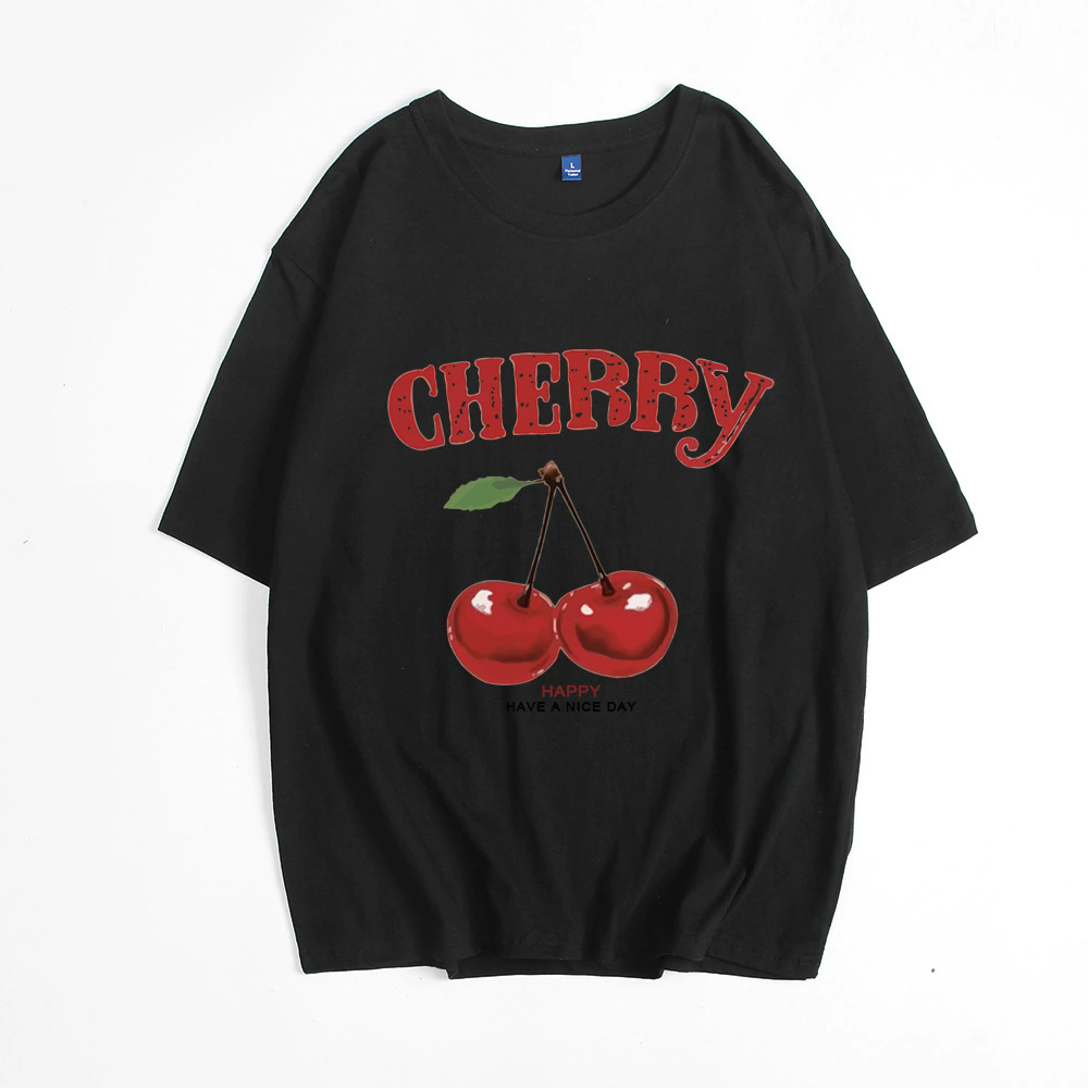 Fashion Women's Graphic Vintage Tees Cherry Bow Letter Print Round Neck T Shirt Casual Summer Short Sleeve Trendy Tops XXXL T-Shirt