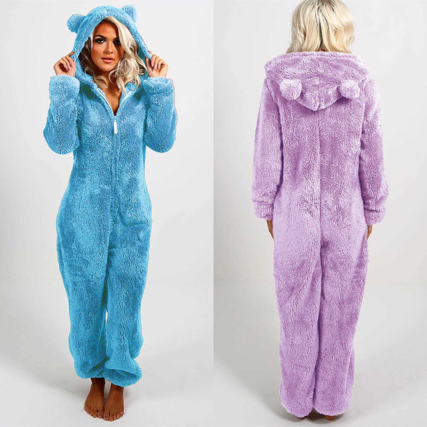 Winter Warm Sleepwear Home Clothes Cute Cat Ear Onesies Pyjamas Fluffy Fleece Hooded Jumpsuit Playsuit Pajama For Women Overalls Y250906