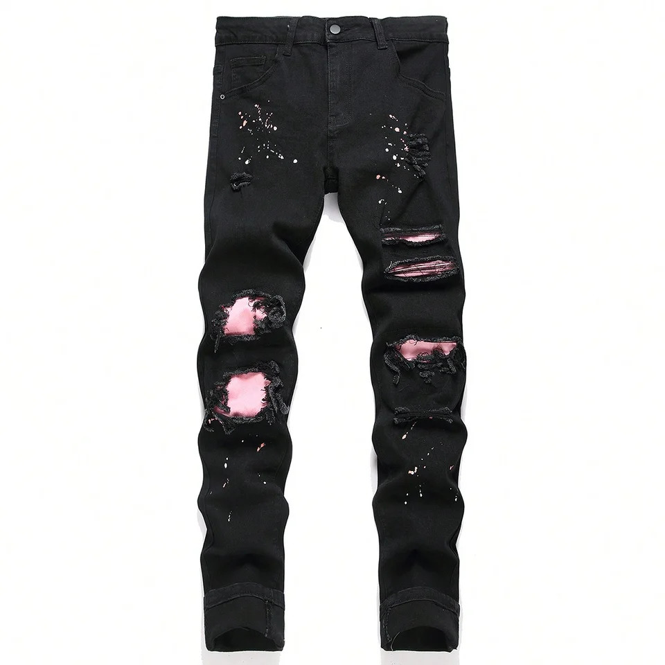 Men y2k Stretchy Skinny Denim Jeans For Casual pants Ripped Patchwork Hole Slim Fit Hip Hop Black Straight Trousers 251218