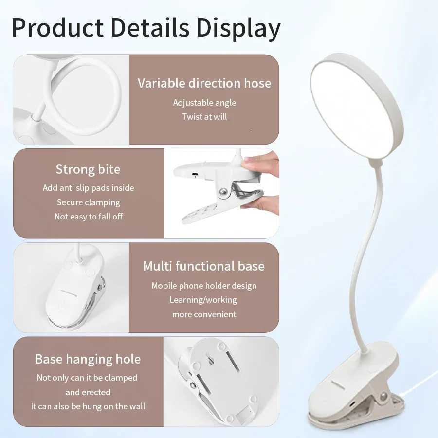 Led Table Lamp USB Rechargeable Night Light Portable Clip Desk Lamp Study Stand Read Lamp 3 Dimming Modes Eye Protection Light M251120