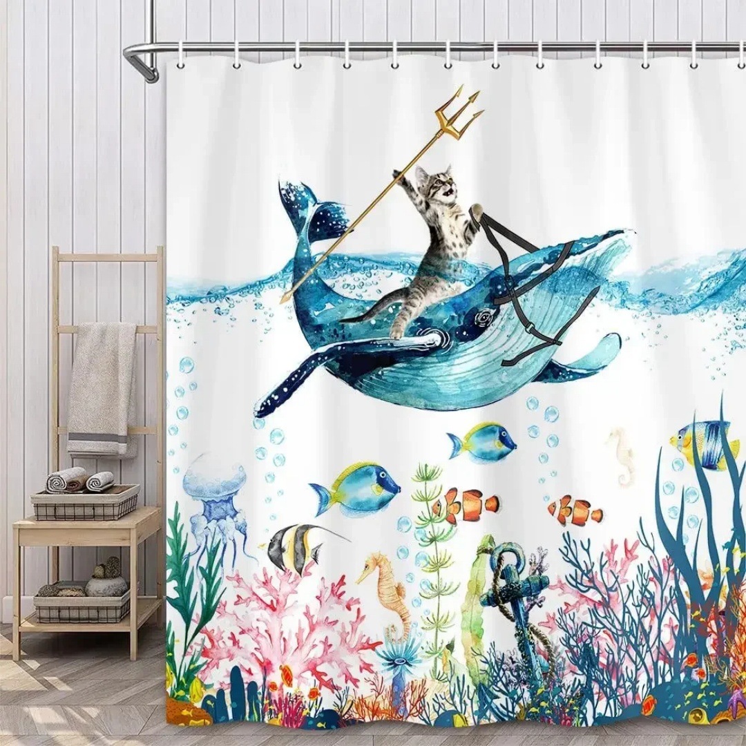 YL-37758 Shower curtain with funny cat design, bathroom decoration, waterproof, digitally printed, toilet moisture-proof partition curtain