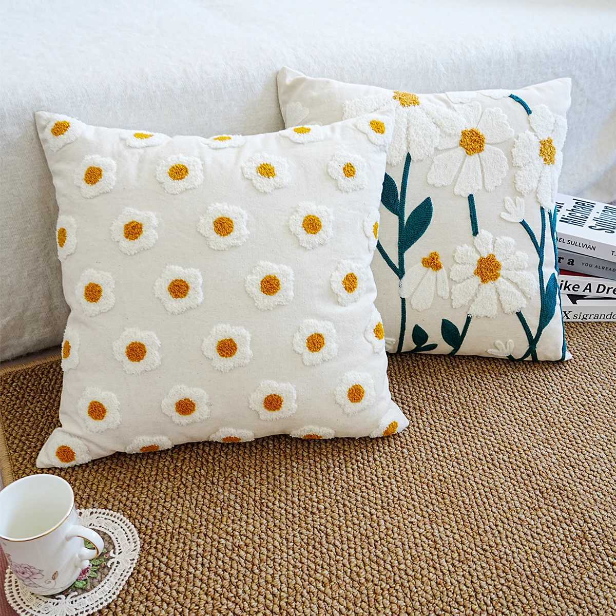Pillow Case 1pc Daisy Floral Embroidered Throw Cover Cushion Case For Sofa Living Room Home Decor Without Insert C251120