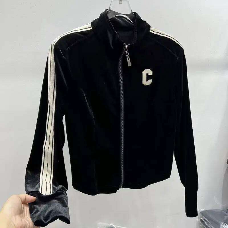 Zipper Long-Sleeved Cardigan Casual Sports Women's Side Bar Sweatshirt Elastic High Waist Wide-Leg Pants Two-Piece Set