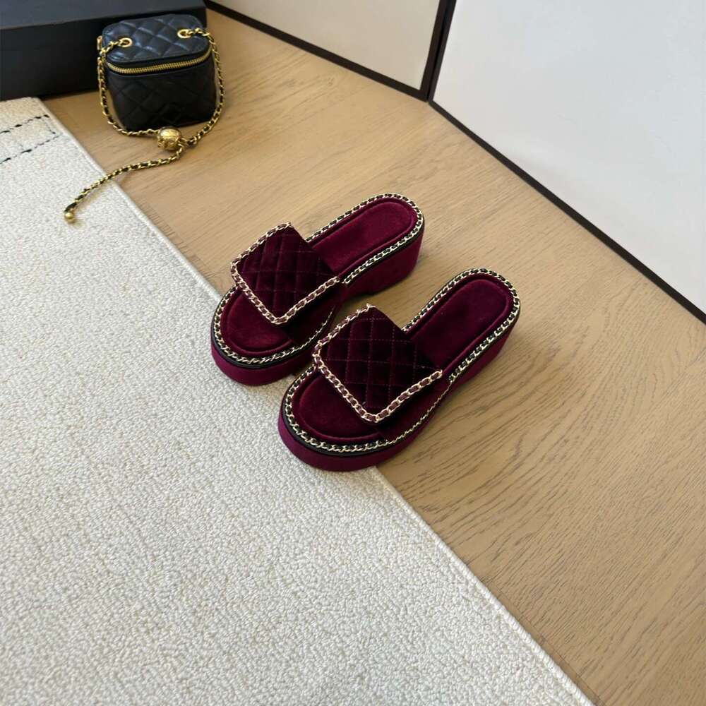 Women Size34-41 Genuine Leather Slipper High Heels Chain Summer Slides Flat Platform Designer Shoes atillas De Mujer