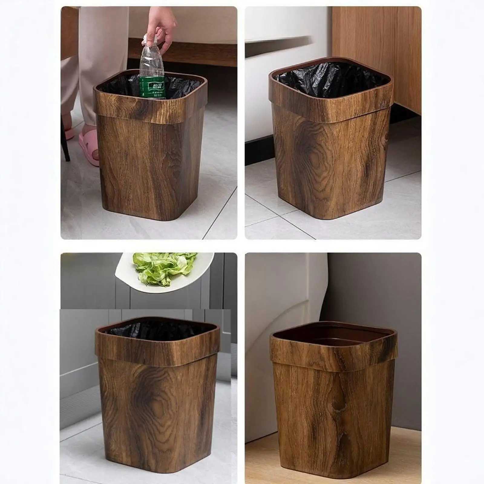 Imitation Wood Grain Trash Can Garbage Basket Anti Skid Decorative Large Waste Bin Garbage Container Bin for Dorm Bedroom C251120