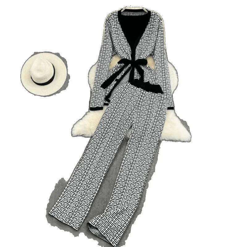 Fashionable Knitted Set Casual High Waist Wide Leg Pants V-Neck Waist-Cinching Belted Open Cardigan Top Three-Piece Women's Ense
