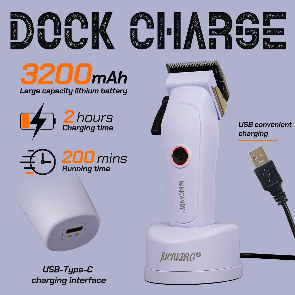 JUCAI MINICANDY 7200RPM Brushless Motor Professional Hair Clipper Noiseless Blade Purple Trimmer Shaver for Man Barber ShopT251120