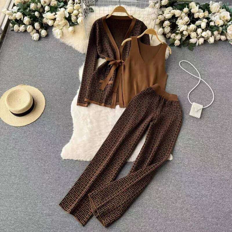 Fashionable Knitted Set Casual High Waist Wide Leg Pants V-Neck Waist-Cinching Belted Open Cardigan Top Three-Piece Women's Ense