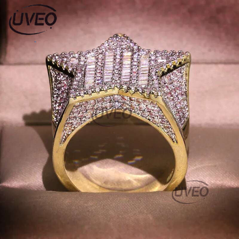 Men's Iced Gold Pentacle Ice Out VVS Moissanite All-Gem Ring Hip Hop Ring Jewelry Free shipping